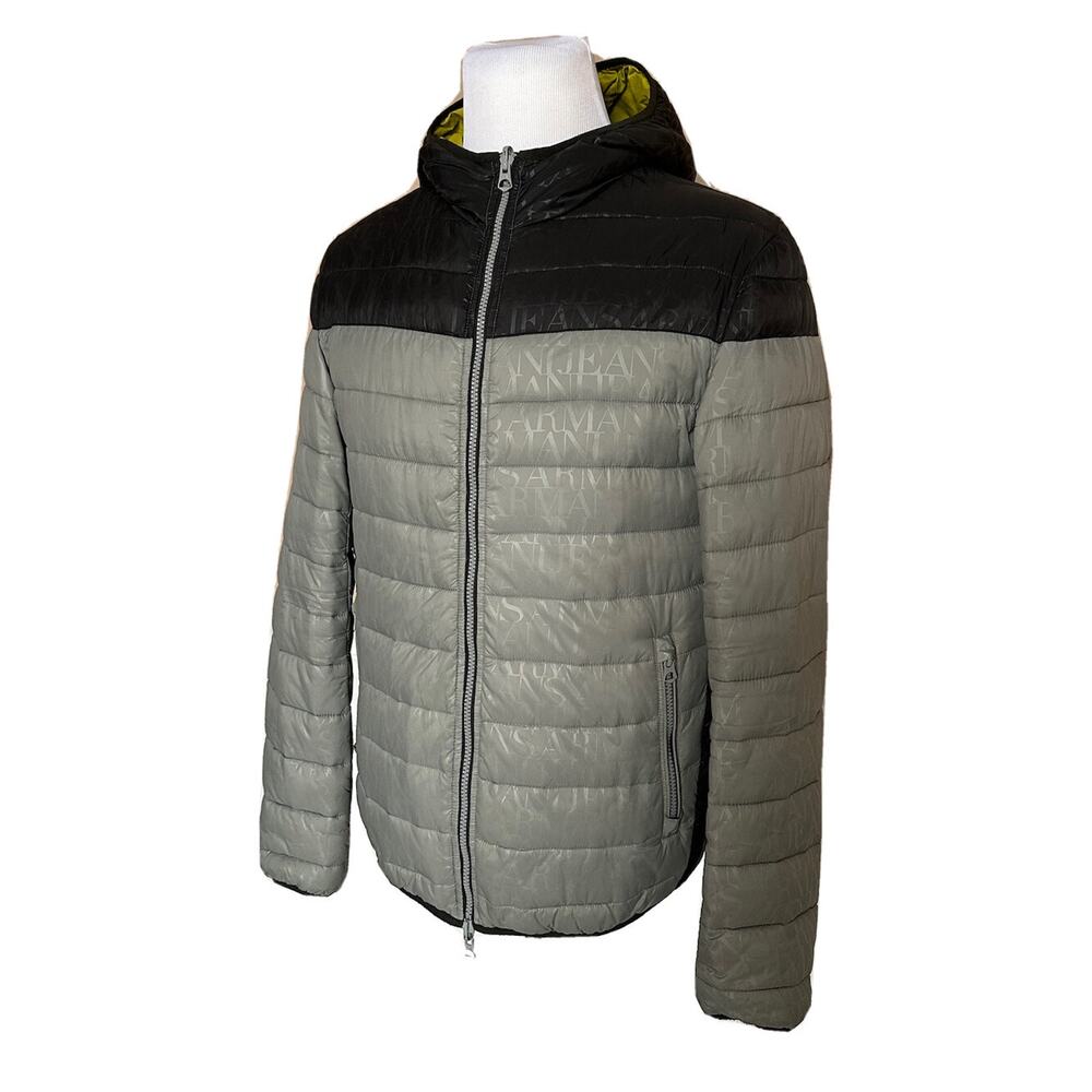 Armani Jeans 2 Sided Reversible Grey/Yellow Puff Jacket with Hoodie Large (52)